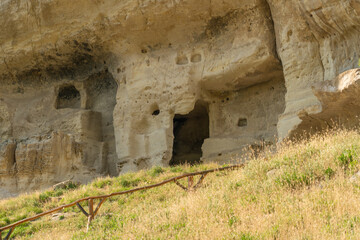 Ancient chufut city cave bakhchisaray road crimea medieval fortress stone, for sunny sky in sight for russia chufut, wall bakhchisarai. Town scene stony,