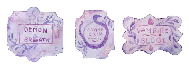 Watercolor hand drawn illustration of purple witch apothecary labels for demon snake potions occult brew, esoteric spell bottle. Spooky horror halloween clipart, magic herbs art