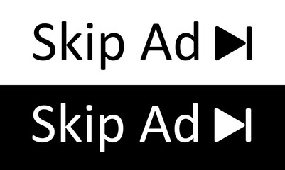 Skip Ad, No Ads, Skip Advertisement in white and black isolated icon symbol vector