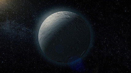 Rhea, mid-sized moon of Saturn on space bacground mid-sized moon of Saturn. 3d rendering. Rhea moon of Saturn