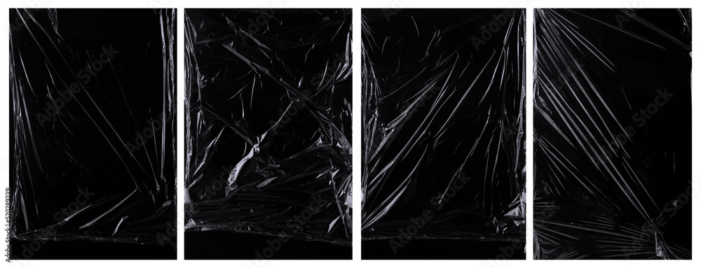 Poster collection of plastic wrap texture for background and photo overlay effect. set of wrinkled plastic 