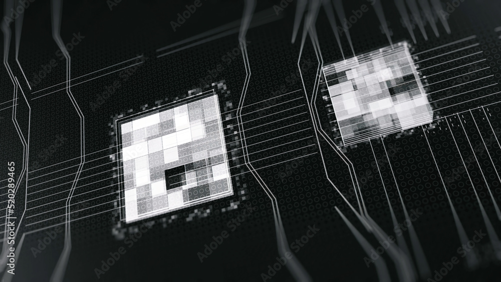 Poster monochrome animation of processors cpu. animation. motherboard digital chip. abstract animation of c