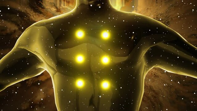 3D silhouette of human chest with 6 energy light points on chest