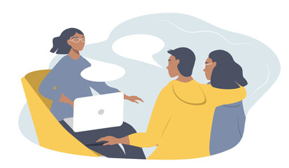 vector illustration in a flat style on the theme of family psychotherapy. family couple talking to psychologist
