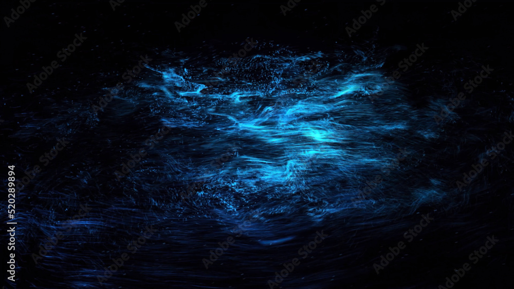 Poster digital animation of briefcase icon decaying into multicolored moving plexus networks on black backg