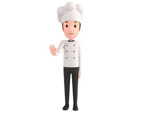 Chef character puts out his hand and orders to stop in 3d rendering.