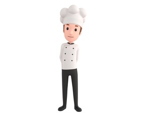 Chef character hides his hands behind his back in 3d rendering.