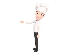 Chef character pointing index finger to the left in 3d rendering.