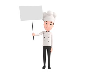Chef character holding blank banner in 3d rendering.