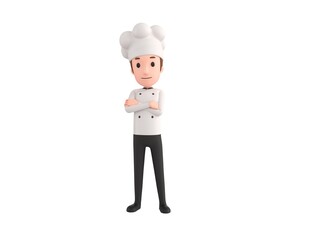 Chef character smiling with arms crossed in 3d rendering.