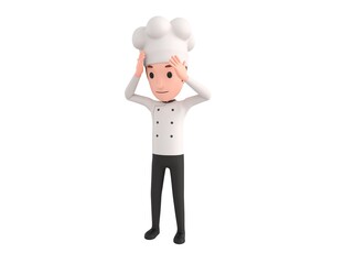 Chef character with hand on head for pain in head because stress in 3d rendering.
