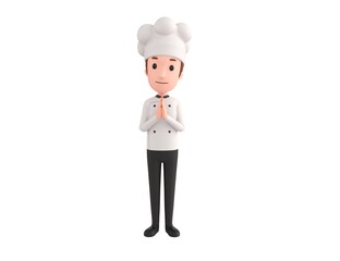 Chef character praying with hands held together in 3d rendering.