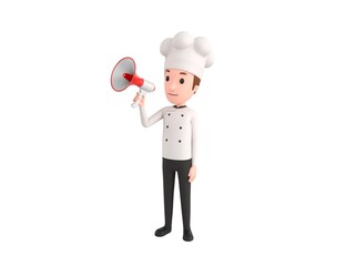 Chef character speaking in megaphone in 3d rendering.