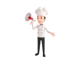 Chef character talking in megaphone in 3d rendering.