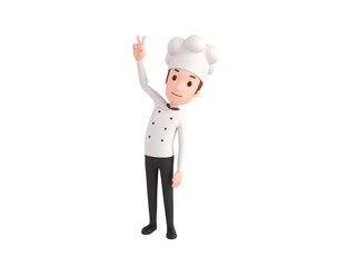 Chef character showing two finger in 3d rendering.