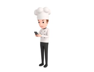 Chef character types text message on cell phone in 3d rendering.