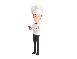 Chef character using smartphone and looking to camera in 3d rendering.