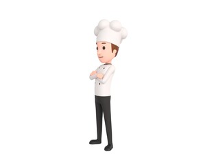 Chef character smiling with arms crossed look to the side in 3d rendering.