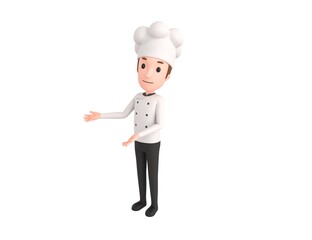 Chef character doing welcome gesture in 3d rendering.