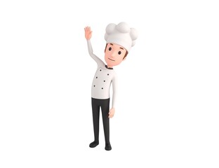 Chef character raising right hand in 3d rendering.
