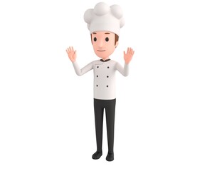 Chef character raising hands and showing palms in surrender gesture in 3d rendering.