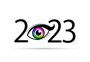 Happy new year 2023. 2023 with vision eye icon
