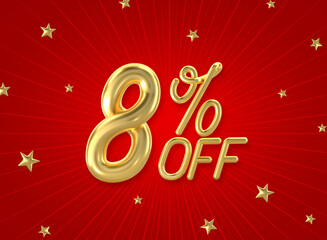 8% off golden number on the red background. Sales concept. 3d illustration.