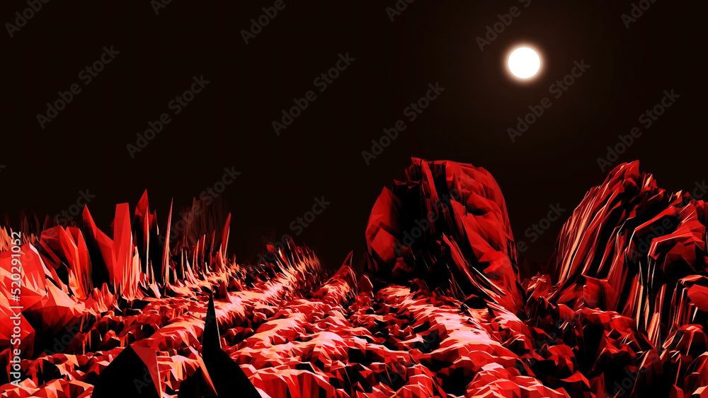 Poster abstract valley in neon light. animation. computer space with valley of sharp boulders illuminated b