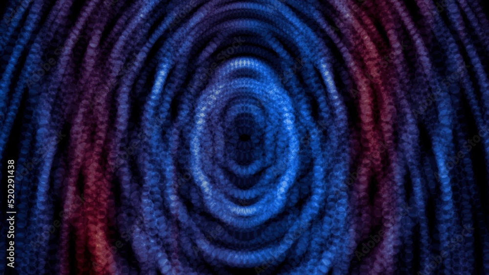 Poster abstract blue and red shiny particles forming rings and effect of deep tunnel. motion. colorful dots