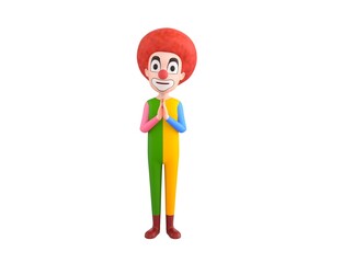 Clown character praying with hands held together in 3d rendering.