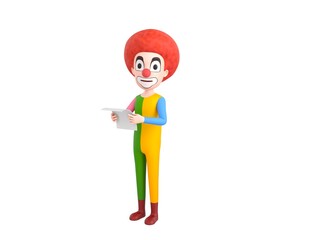 Clown character reading paper and looking to camera in 3d rendering.