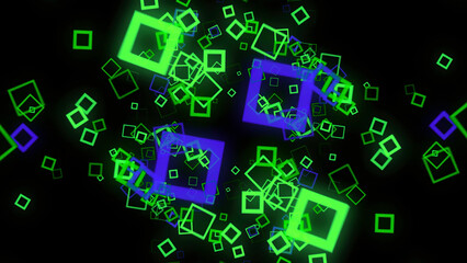 Futuristic background of cubic on black background. Animation. Neon square frames spread out with hypnotic matrix effect on black background