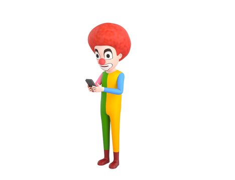 Clown character types text message on cell phone in 3d rendering.