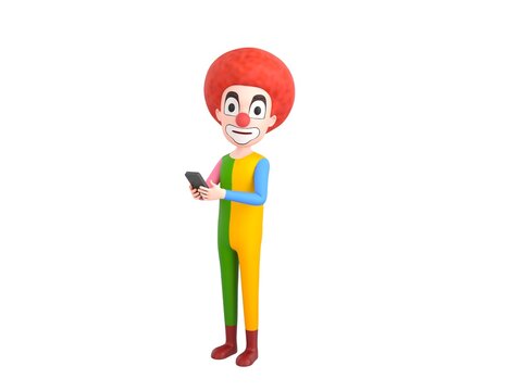Clown character using smartphone and looking to camera in 3d rendering.
