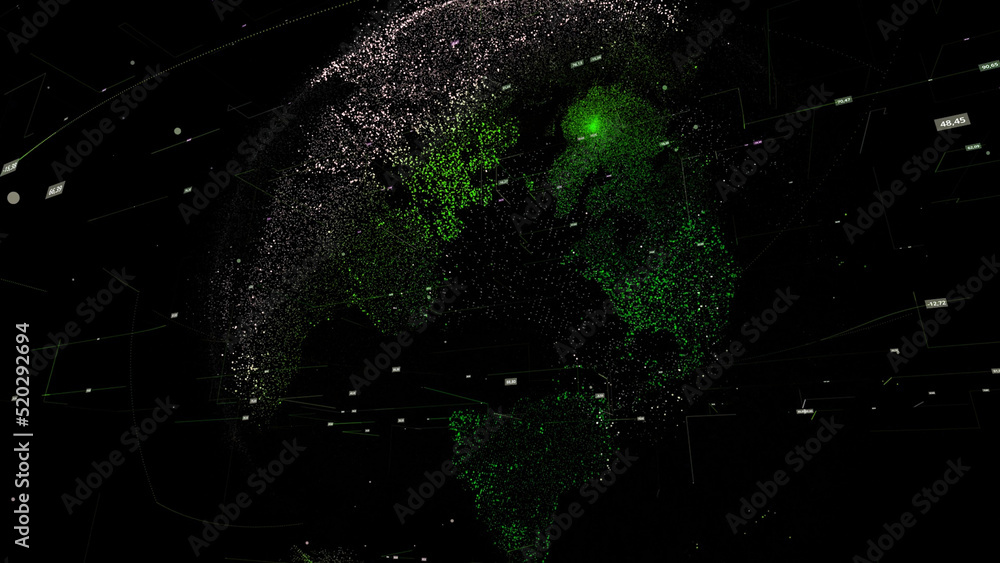 Poster 3d planet in cyberspace of dots. animation. conceptual network data cyberspace with sphere, lines, d