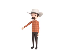 Cow Boy character pointing to the ground in 3d rendering.