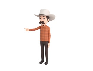 Cow Boy character pointing finger to the left in 3d rendering.