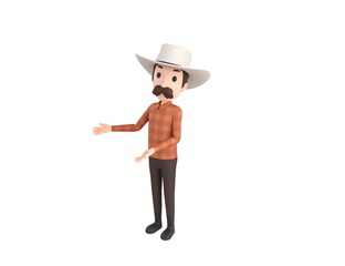 Cow Boy character doing welcome gesture in 3d rendering.