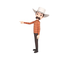 Cow Boy character pointing index finger to the left in 3d rendering.