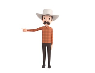 Cow Boy character pointing his finger to the left in 3d rendering.