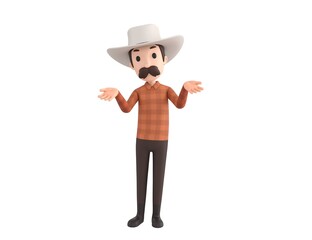 Cow Boy character spreading his two hands and looking to camera in 3d rendering.