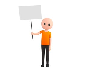 Simple Male character holding blank banner in 3d rendering.