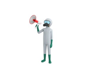 Man in White Hazmat Suit character speaking in megaphone in 3d rendering.