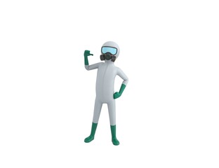 Man in White Hazmat Suit character pointing to himself in 3d rendering.