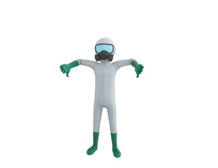 Man in White Hazmat Suit character showing thumb down with two hands in 3d rendering.