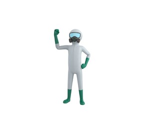 Man in White Hazmat Suit character raising right fist in 3d rendering.