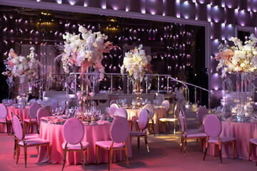 Decorated served tables for wedding party or other formal dinner