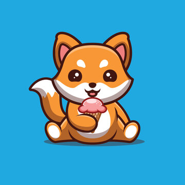 Fox Sitting Eating Ice Cream Cute Creative Kawaii Cartoon Mascot Logo
