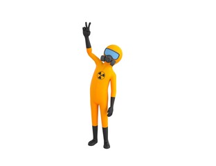 Man in Yellow Hazmat Suit character showing two finger in 3d rendering.