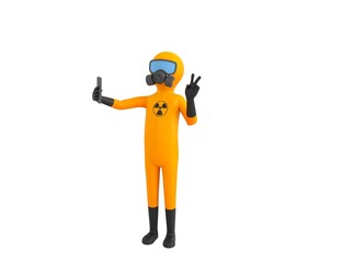 Man in Yellow Hazmat Suit character taking selfie in 3d rendering.